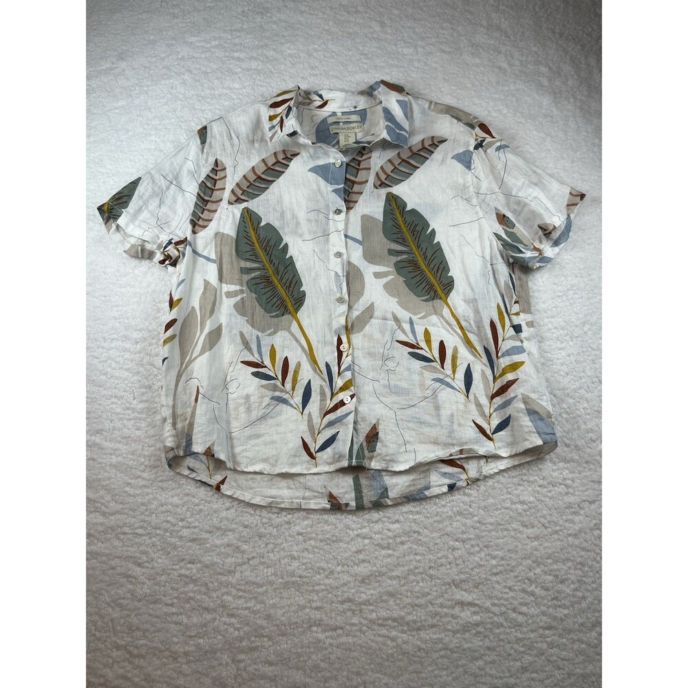 Cynthia Rowley Blouse Womens M 100% Linen Tropical Beach Leaves Button Up Boho